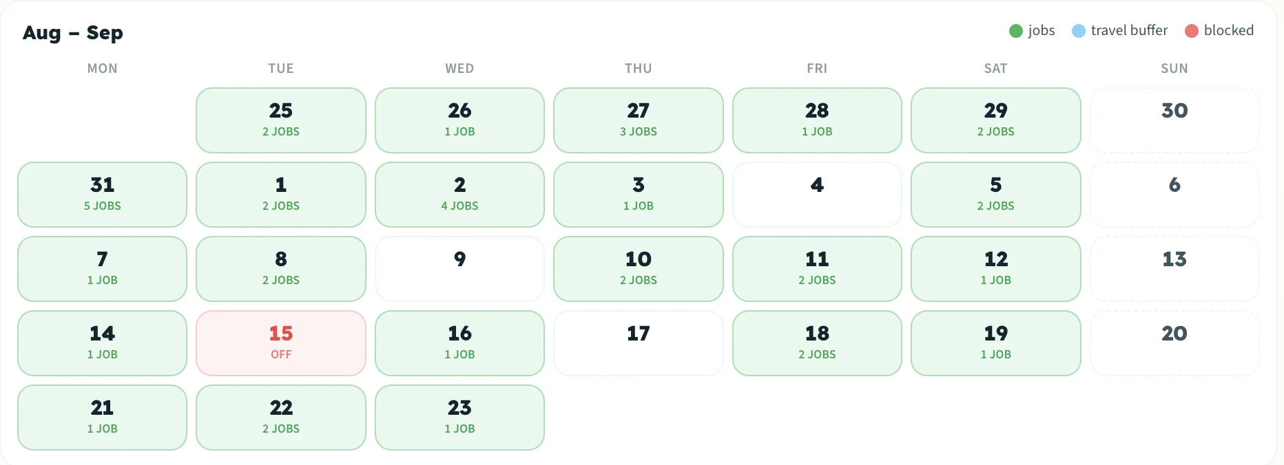 First Urban Clean booking calendar, Aug 25 – Sep 23, 2026: 40 jobs on 22 of 25 working days