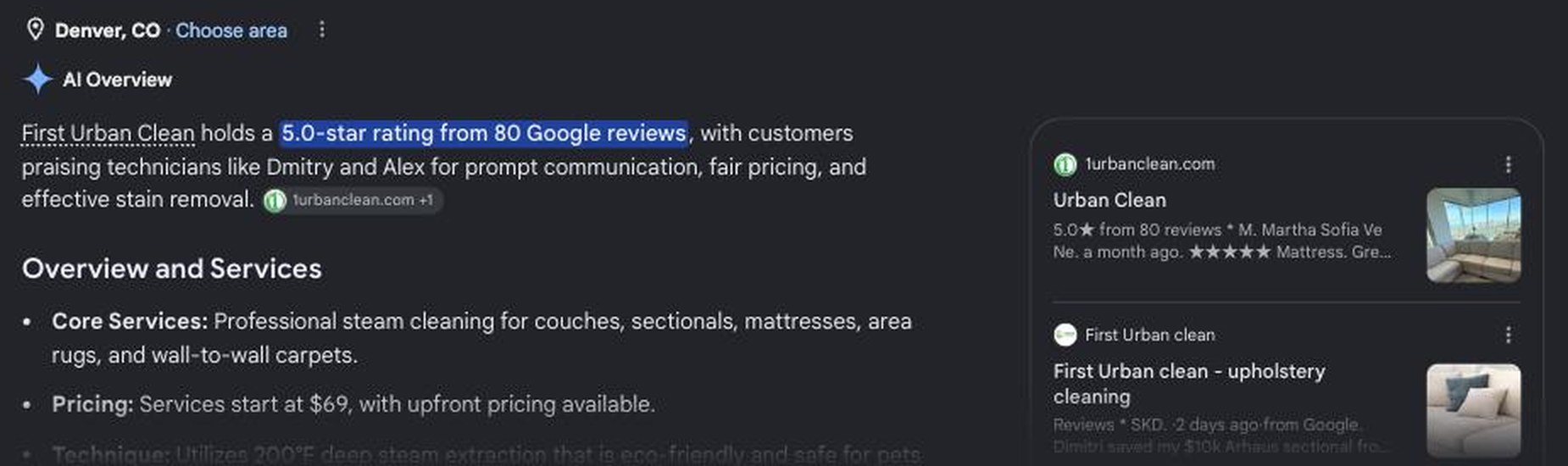 Google search result: First Urban Clean holds a 5.0-star rating from 83 Google reviews